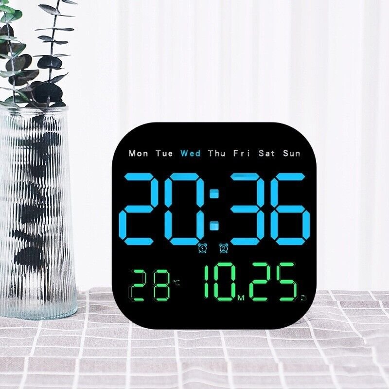 Square LED Large Digital Wall Clock Remote Control Temperature Date Week Display