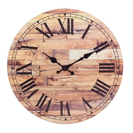 Stonebriar Old Fashioned 14 Inch Round Wood Hanging Wall Clock, Battery Operated, Rustic Wall Decor for the Living Room, Kitchen, Bedroom, and Patio