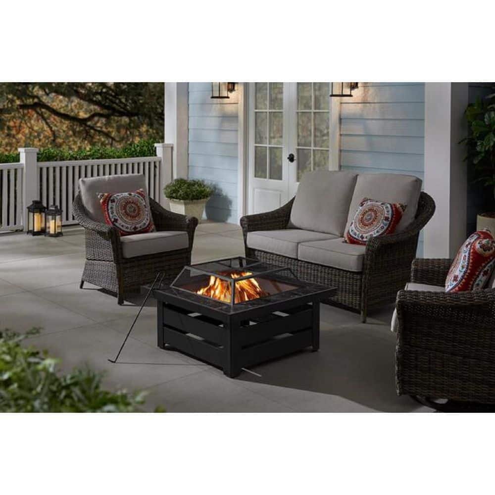 Stoneham 34.00in. W Black/Black Marble Steel Wood Outdoor Fire Pit with Grate,...