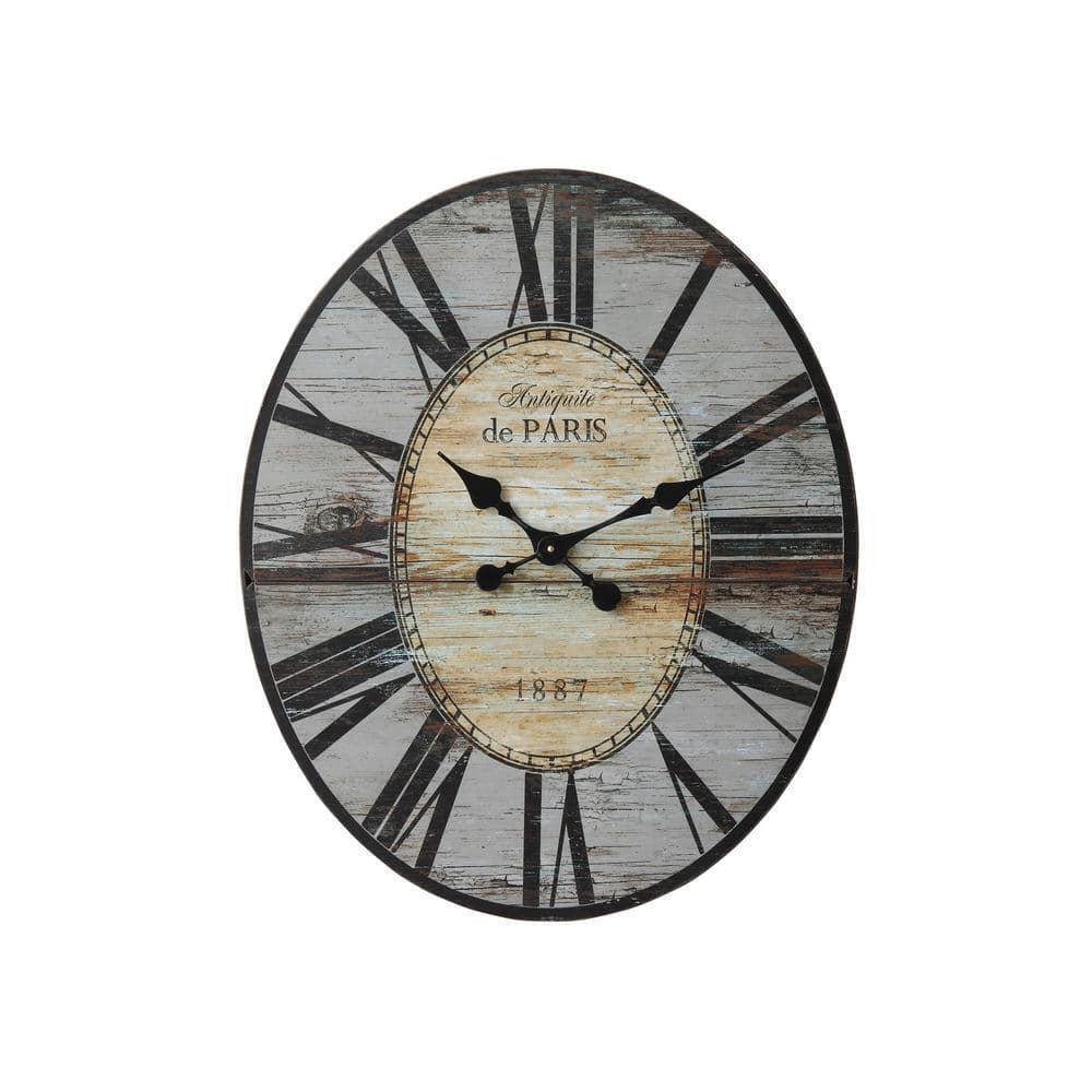 Storied Home Wall Clocks 29.5" Oval Cottage Distressed Wood Roman Numerals Gray