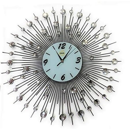 Sunburst Wall Clock Black Metal Shape with Crystals Decorative White Glass Dial 25''inch