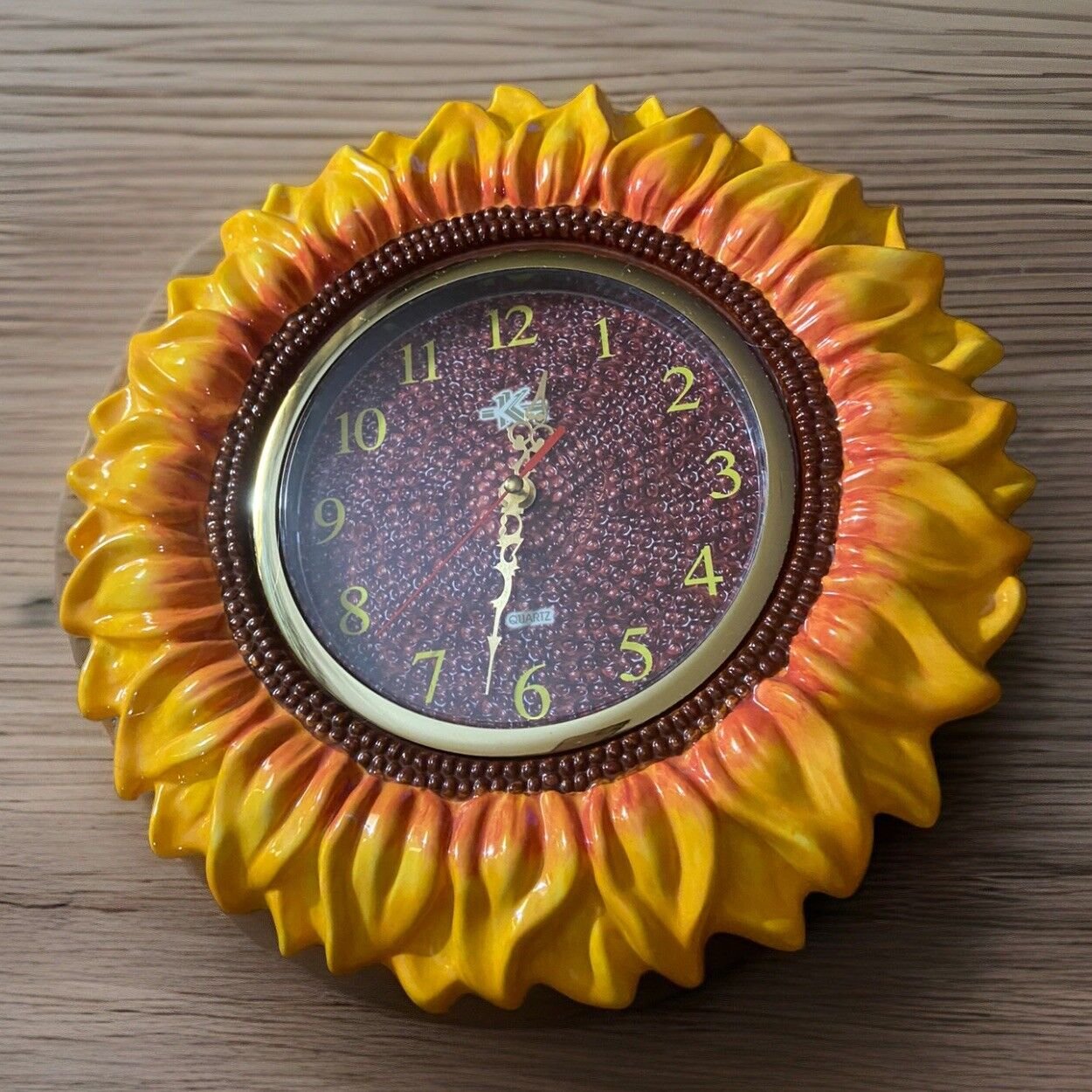 Sunflower Wall Shelf Ceramic Kitchen Flowers Clock Quartz Yellow Orange Vintage