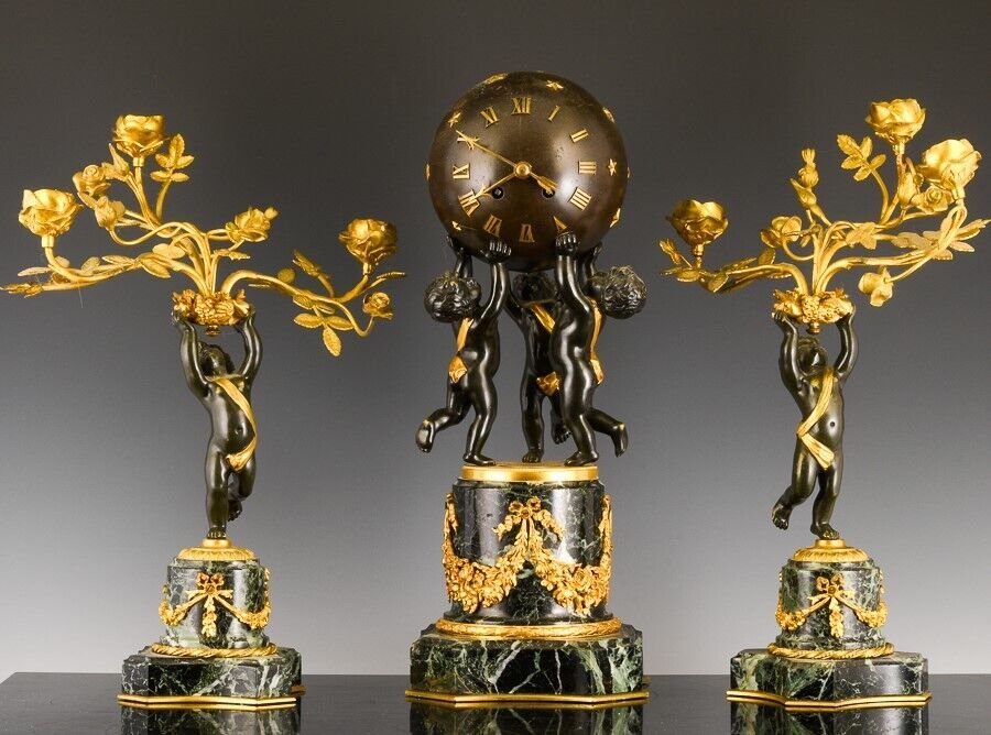 SUPERB QUALITY c1880 FRENCH BRONZE & MARBLE GLOBE CLOCK GARNITURE CANDELABRA SET