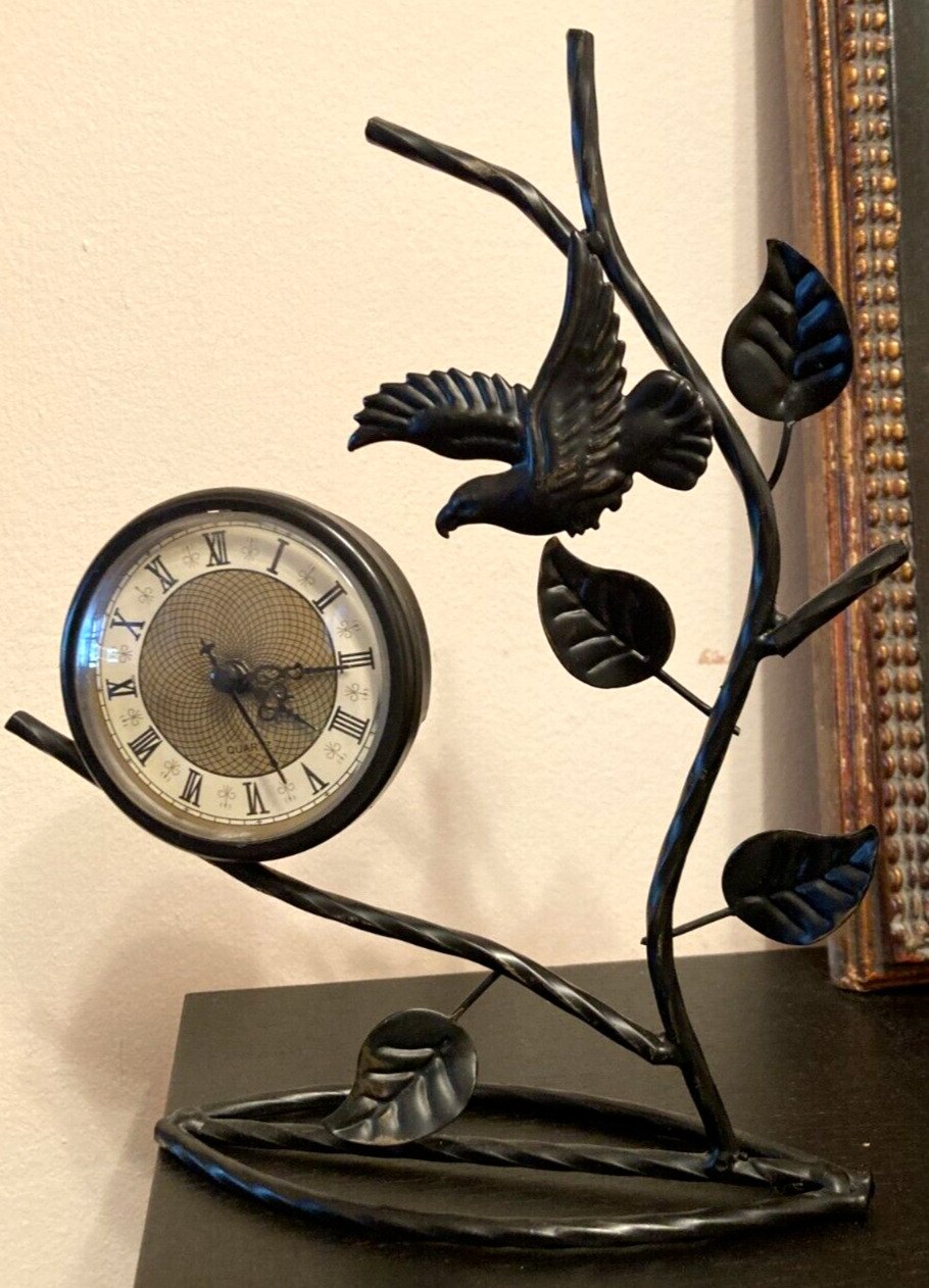 Tabletop Clock Black Metal Bird on the Tree Branch with Leaves 10” tall VGUC