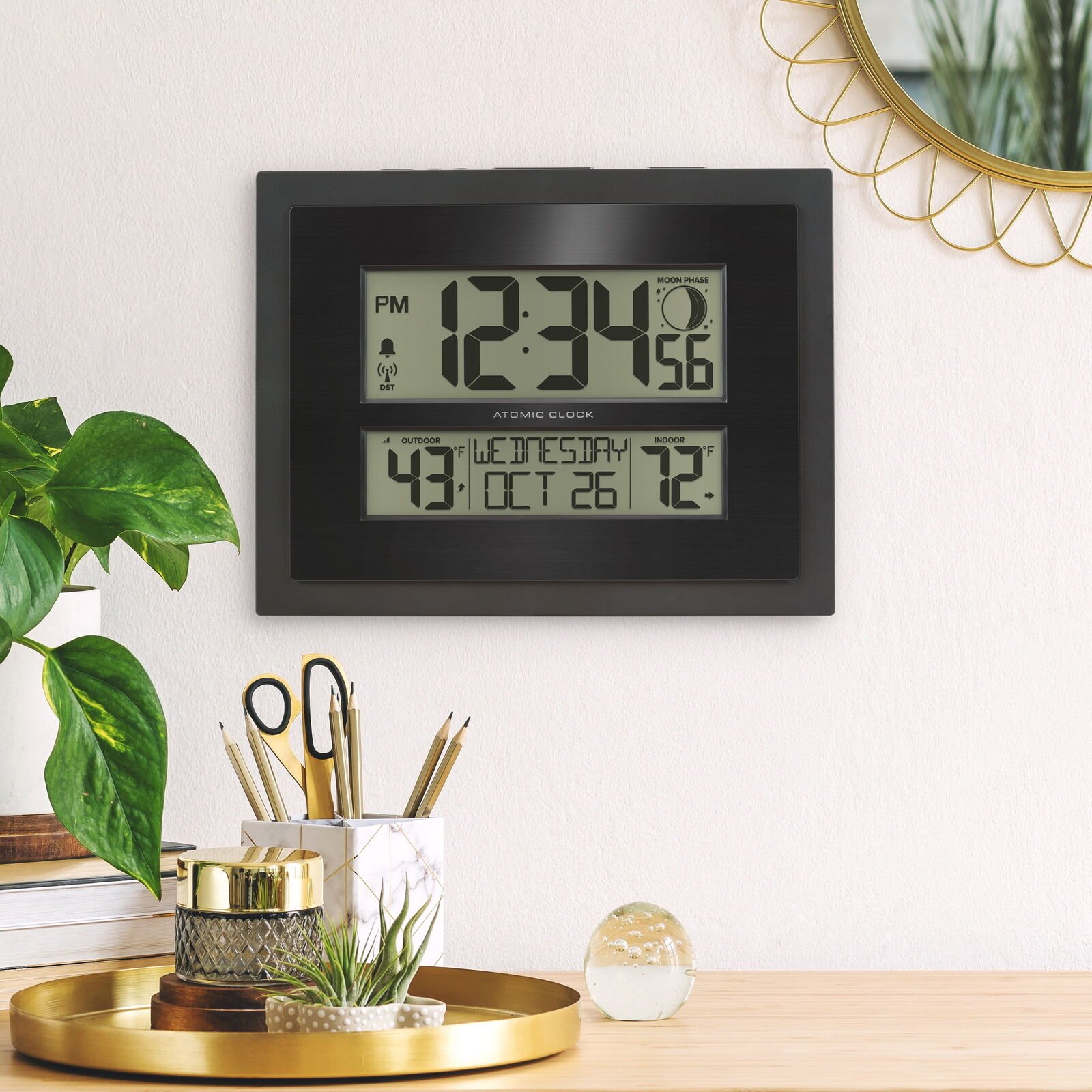 Technology 11” Modern Black Digital Atomic Clock with Moon Phase