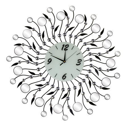 Three Star Mirror & Metal Silent Starburst Round Wall Clock, Black Leaves & Clear Gem Accents Large Decorative Wall Art