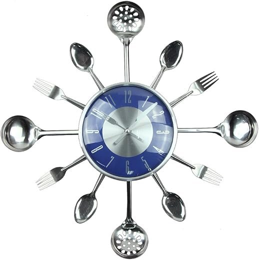 Timelike Large Wall Clock, 18 Metal Kitchen Cutlery Utensil Spoon Fork Wall Clock Creative Modern Home Decor Antique Style Wall Watch (Blue)