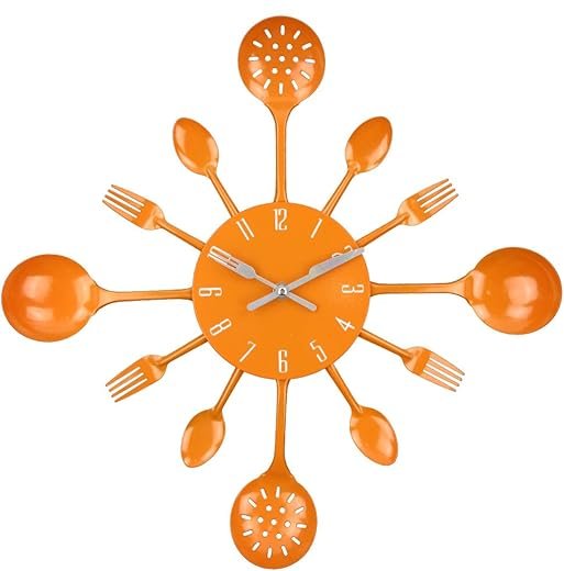 Timelike Wall Clock, 16 Metal Kitchen Cutlery Utensil Spoon Fork Wall Clock Creative Modern Home Decor Antique Style Wall Watch (Orange)
