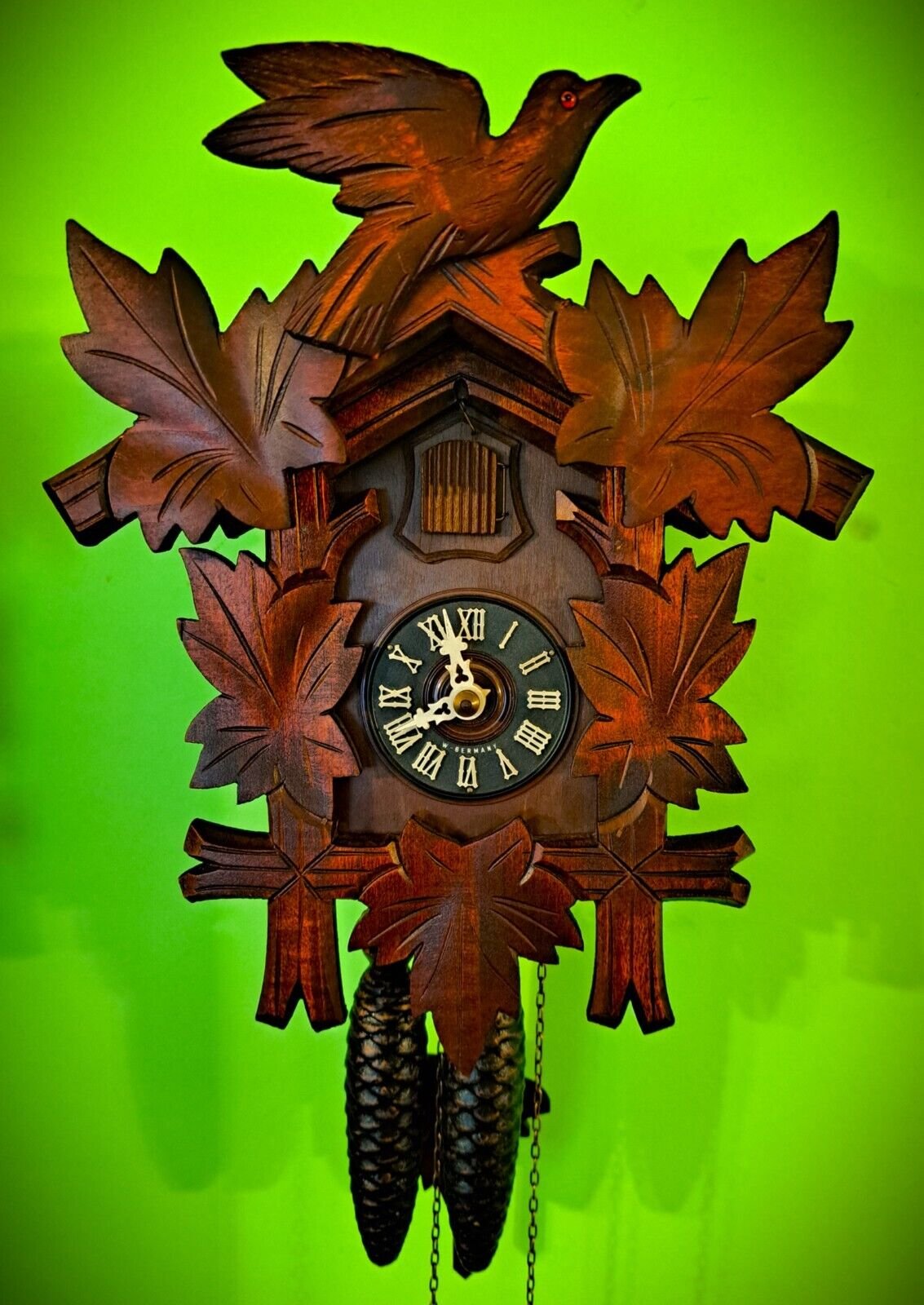 Traditional Hubert Herr 1 Day Cuckoo Clock (Dark Red Mahogany Looking)