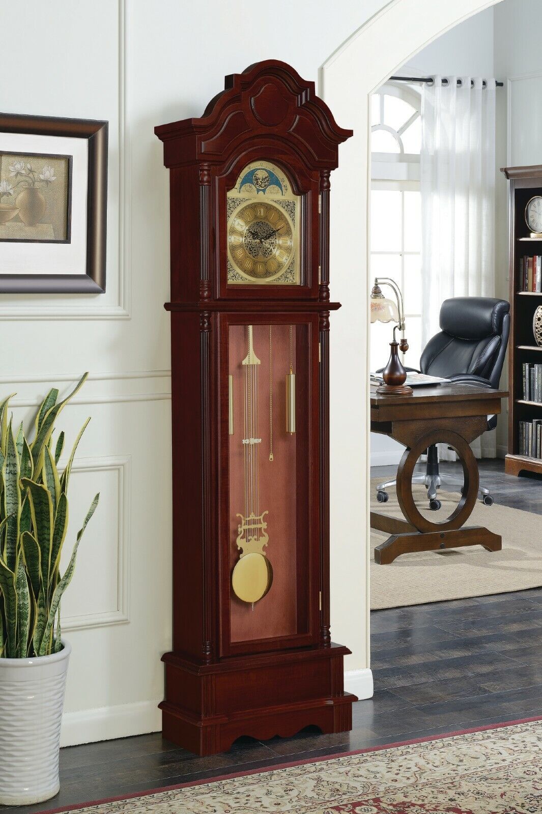 TRADITIONAL STYLE BROWN CHERRY FINISH CHIMING BATTERY POWERED GRANDFATHER CLOCK