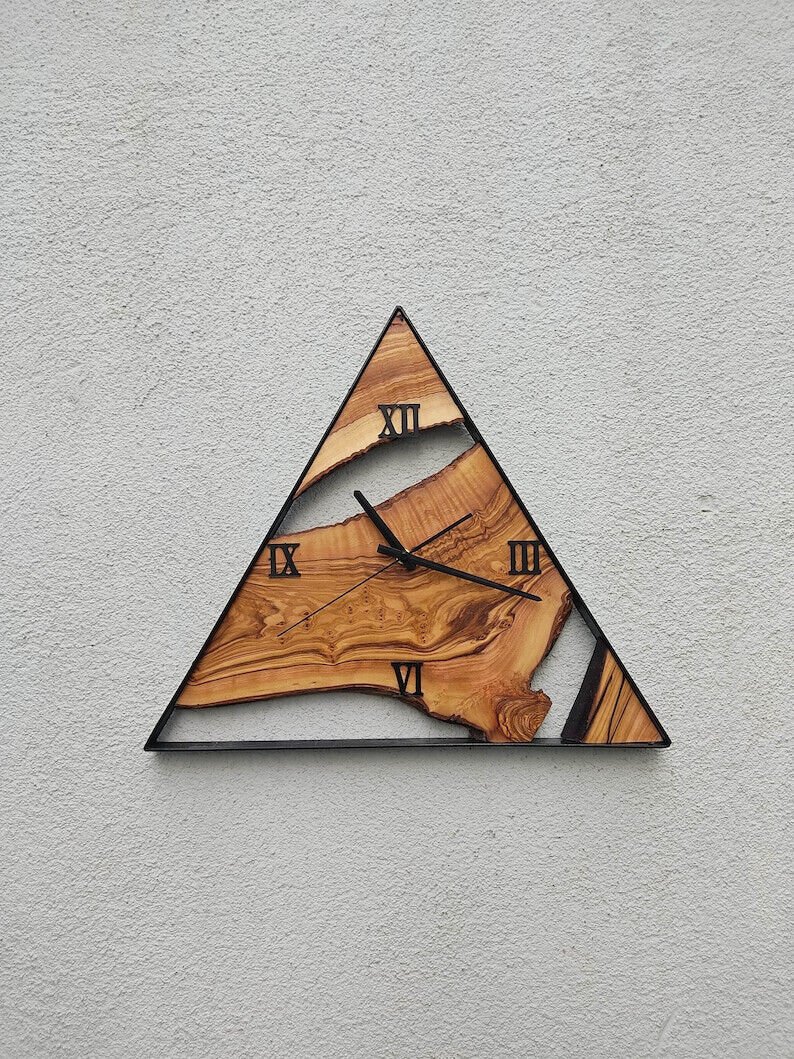 Triangle Shaped Olive Wooden Wall Clock Antique Looking Style Decorative Gift