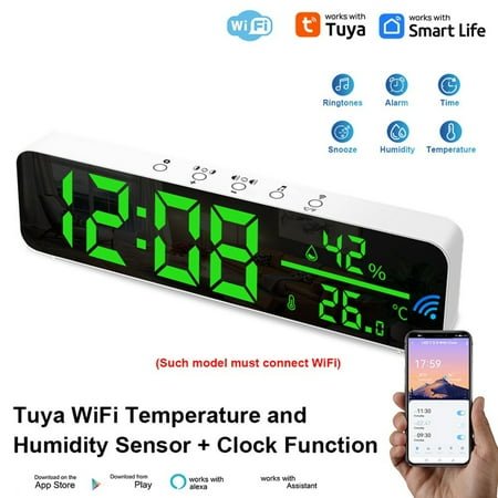 Tuya Wifi Temperature and Humidity Alarm Clock Multi-Function LED Digital Clock for Living Room, Farmhouse, Office