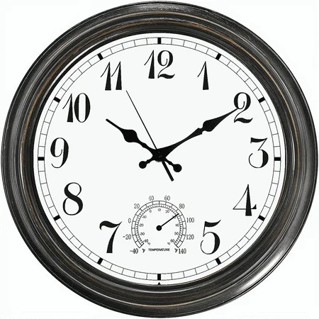 Round outdoor style clock with a temperature dial image