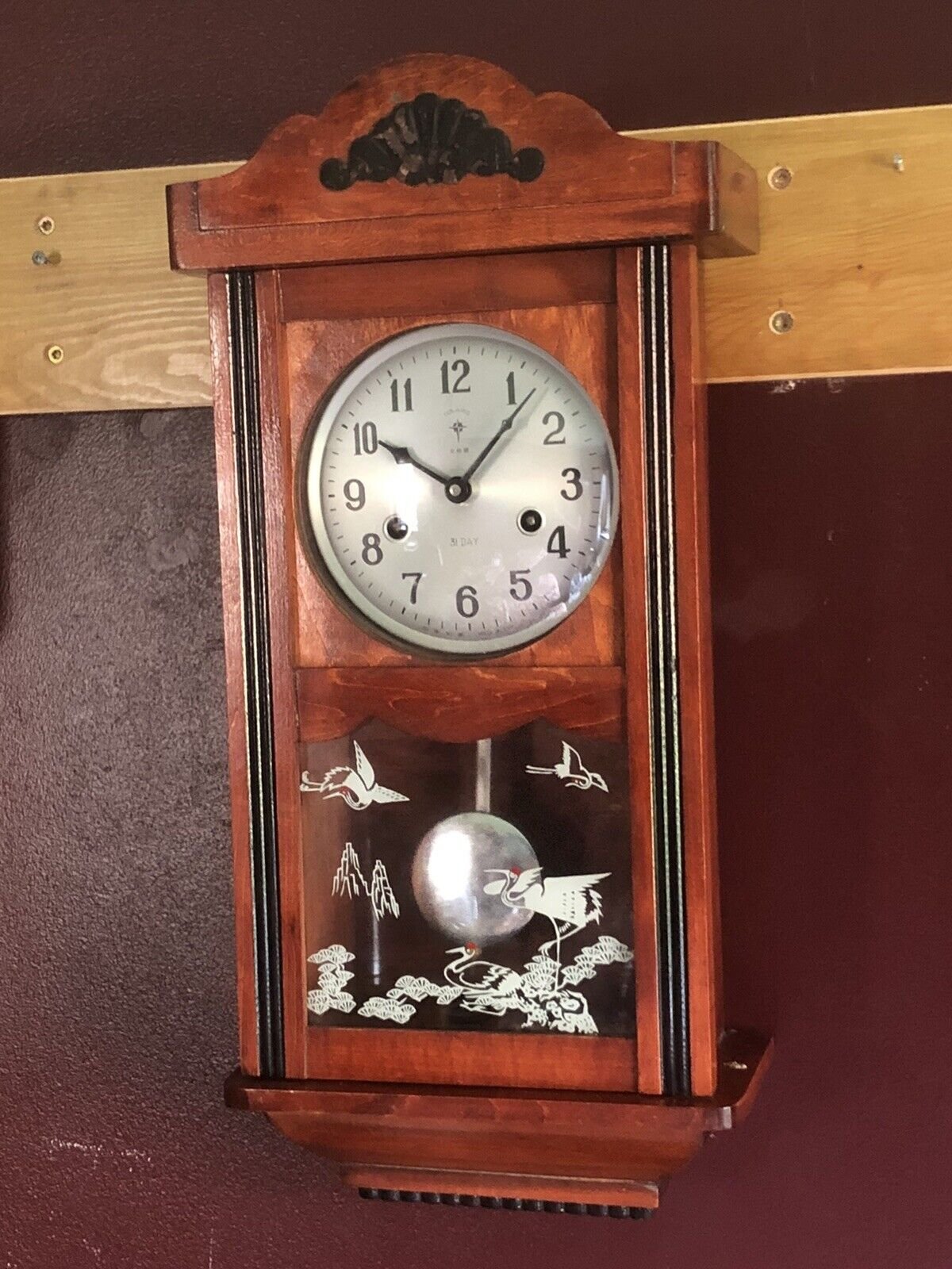 Unusual Vintage Polaris 31 Day Wall Clock - Chefoo Province China - Crane Birds