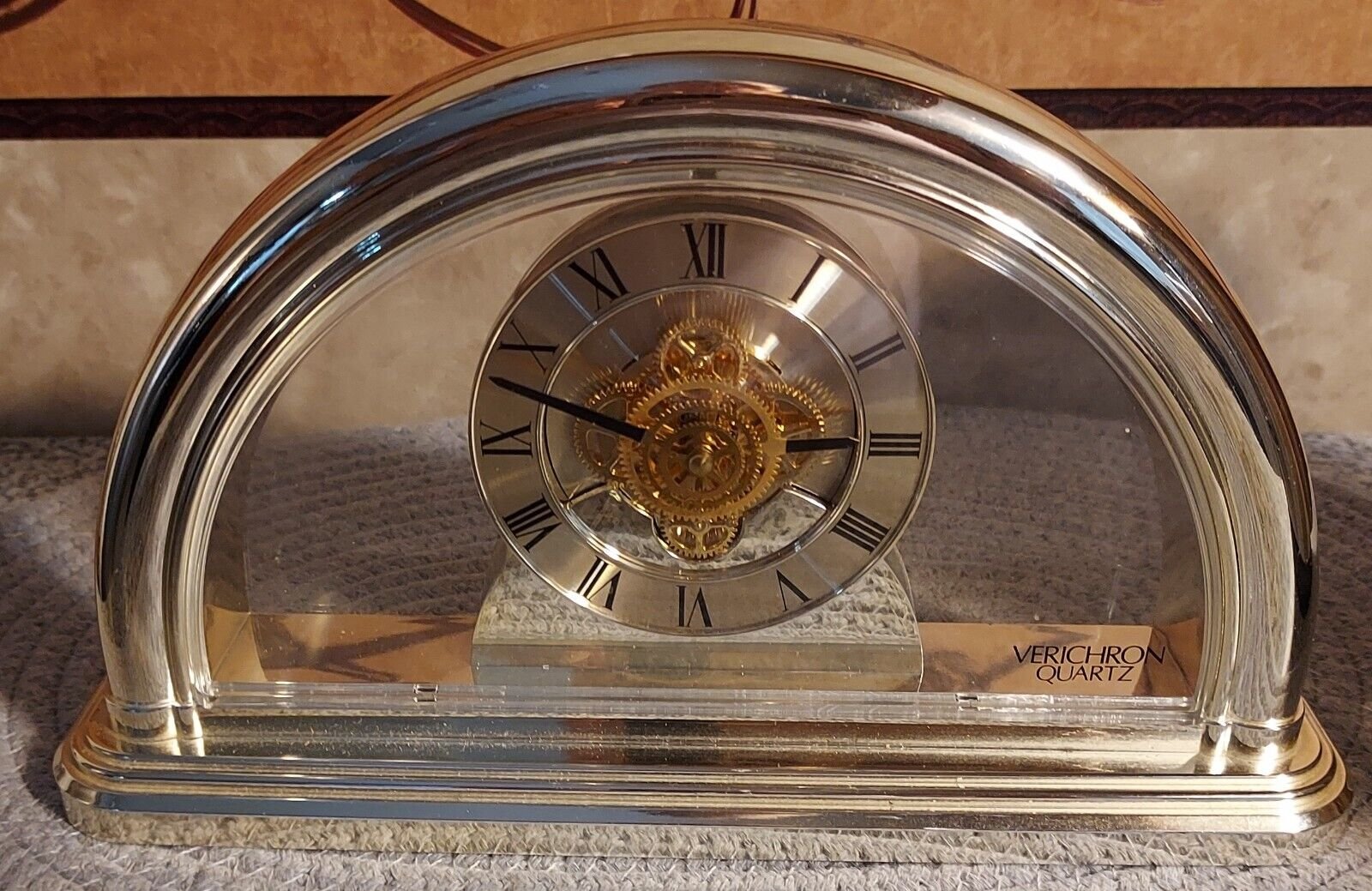 Verichron Quartz Mantle or Desk Clock Gold Tone Exposed Gears
