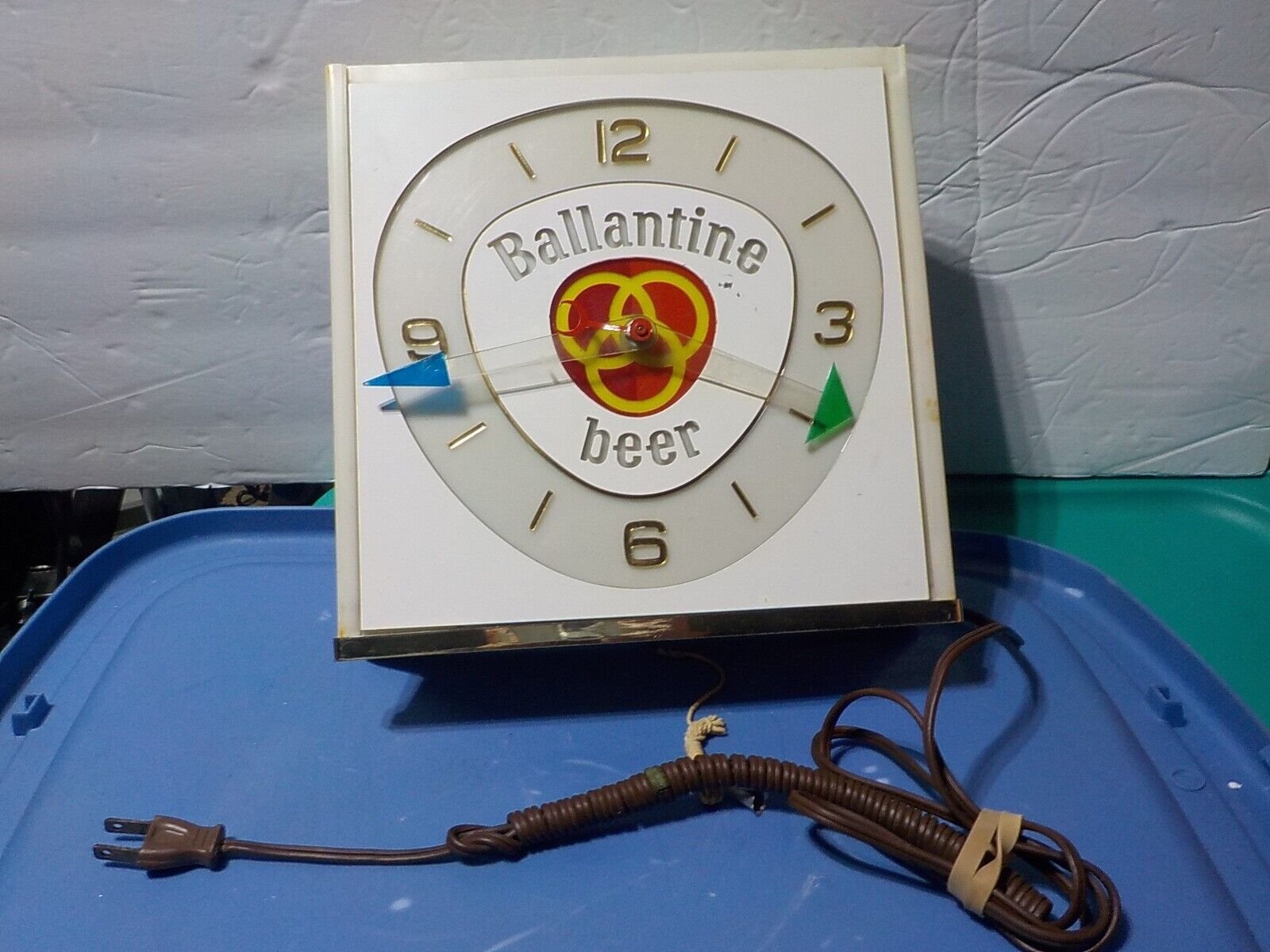 vin ballantine beer metal wall light up clock 9.5 sq working missing half of sec