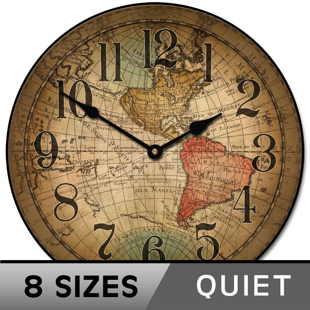 Vincenzo World Map Clock, large wall clock, Ultra Quiet, 8 sizes, Life Warranty