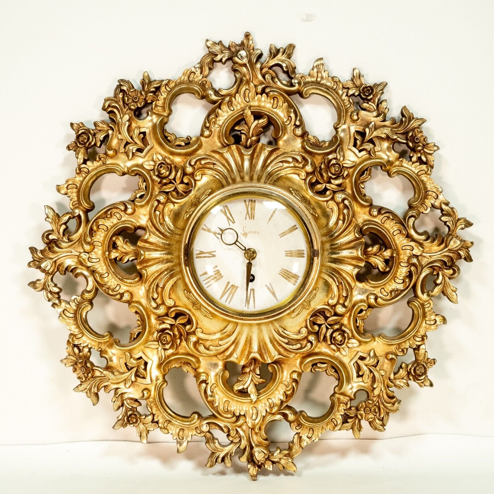 Vintage 1960s Syroco Ornate 8 Day Key Wind Wall Clock Gold Hollywood Regency