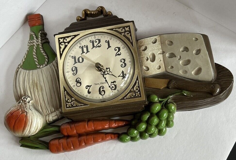 Vintage 1970s Burwood New Haven Cheese Wine Vegetable Kitchen Wall Clock Works