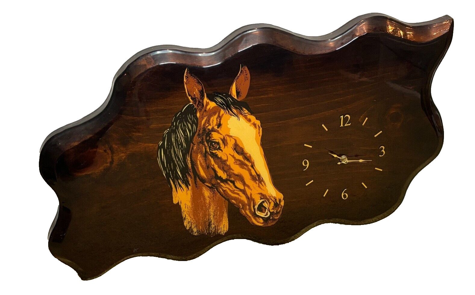 Vintage 70s 80s MCM USA Handmade Horse Wood Slab Large Wall Hanging Art Clock
