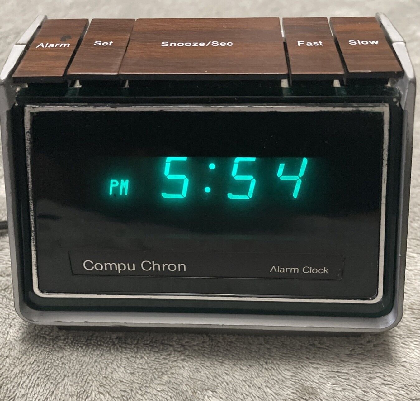 Vintage 80’s COMPU CHRON Digital Alarm Clock - Green Backlit Numbers - # 5710