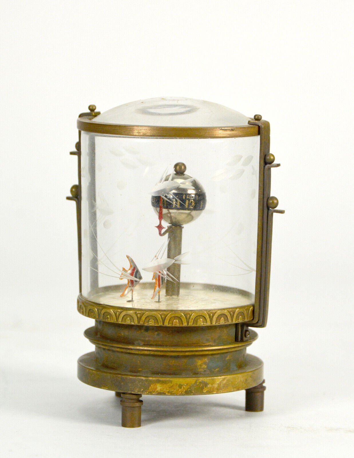 Vintage Animated Double Fish in Etched Glass Case Brass Novelty Clock