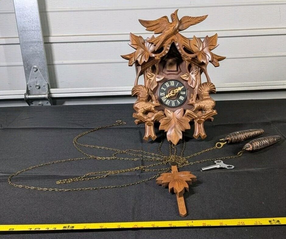 Vintage Black Forest Carved Wood Coo Coo Clock Made in Germany Pine Cone