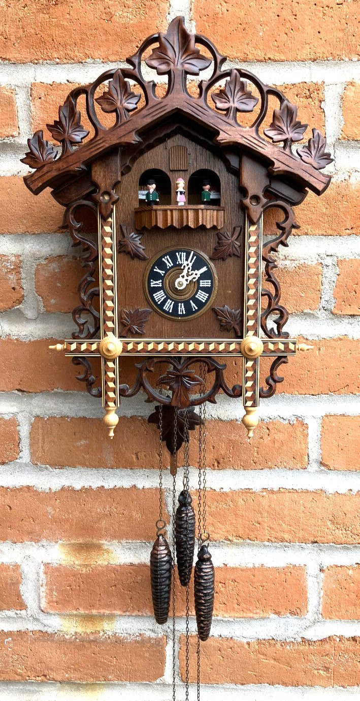 Vintage Black Forest Inlaid CUCKOO CLOCK w/Dancers & Music/NO RESERVE AUCTION