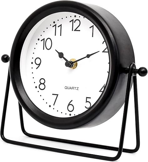 Vintage Black Table Clock on Stand, Decorative Desk and Shelf Clock,Decorative Battery Operated Table Top Clock for Living Room,Silent Non-Ticking