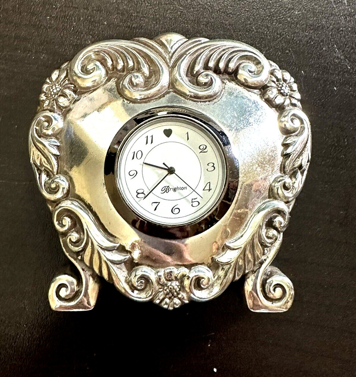 Vintage Brighton Desk Clock Silver Tone Heart Shaped & Scroll circa 1996 WORKS