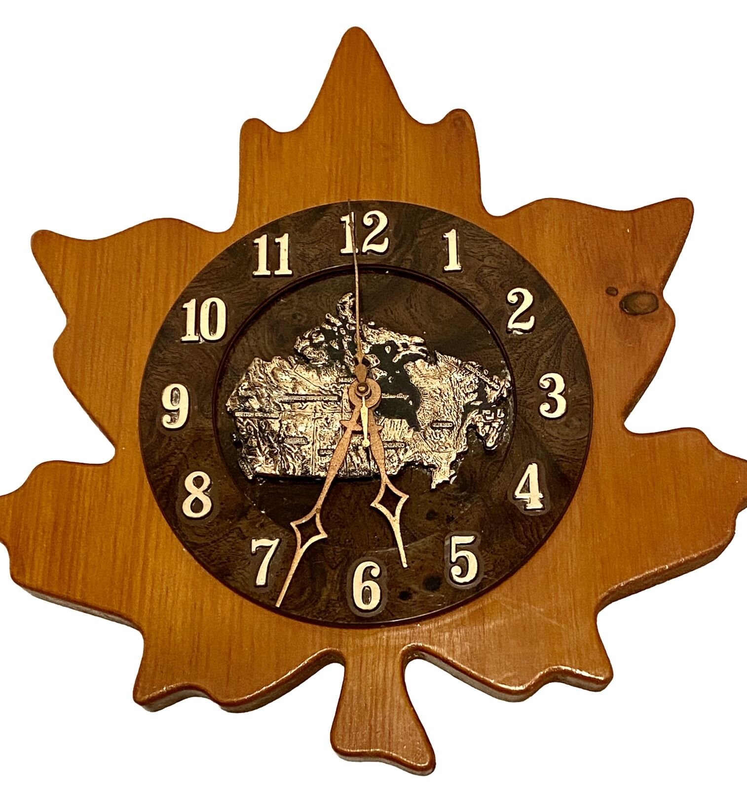 Vintage Canada Wooden Maple Leaf Wall Clock 12x11 Inches Souvenir With 1998 Info