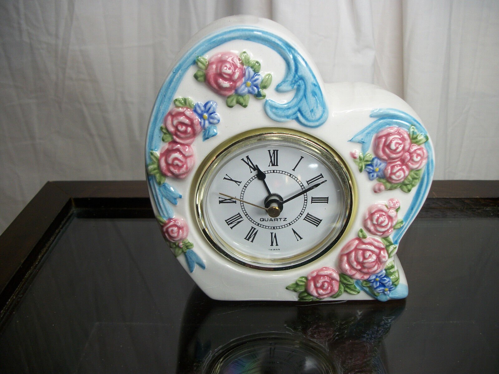 Vintage Ceramic Floral Mantle Table Top Quartz Clock, Battery Operated Tested