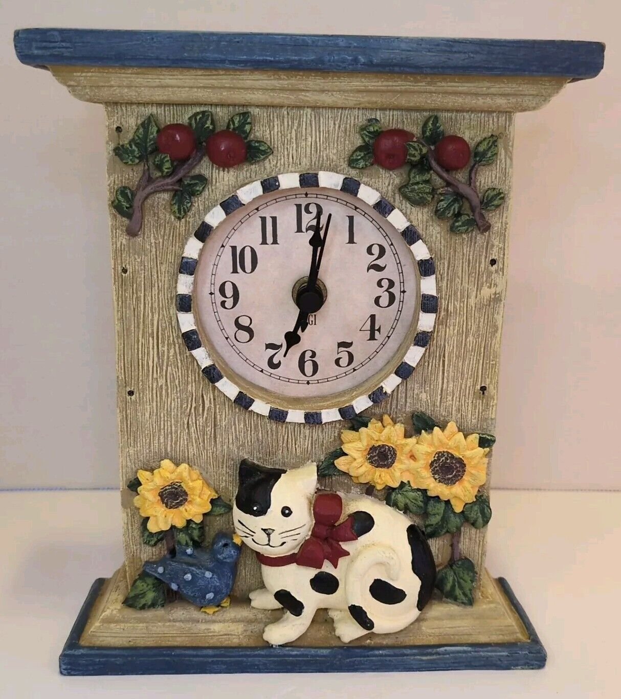 Vintage Clock 3D Cat Bird Flowers Mantel Desktop - TESTED WORKS