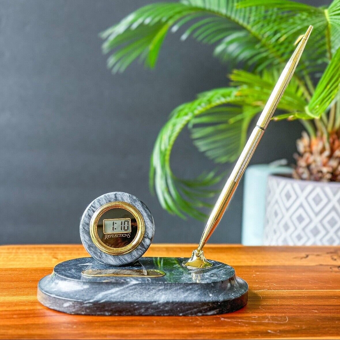 Vintage Desk Clock-Pen Set on Grey Marble Base