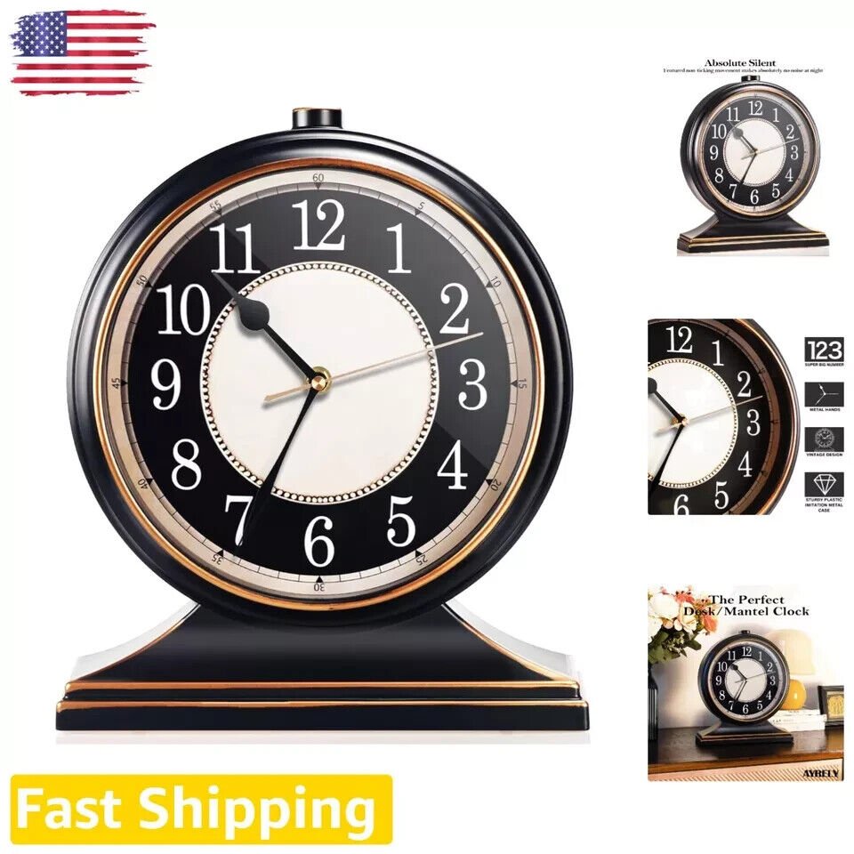 Vintage Desk Clock - Silent Non-Ticking 10-inch Table Clock for Living Room