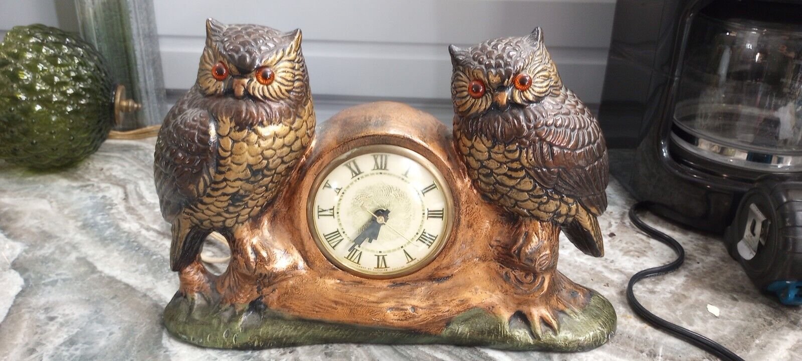 Vintage Double Owl Electric Mantle Clock Works!