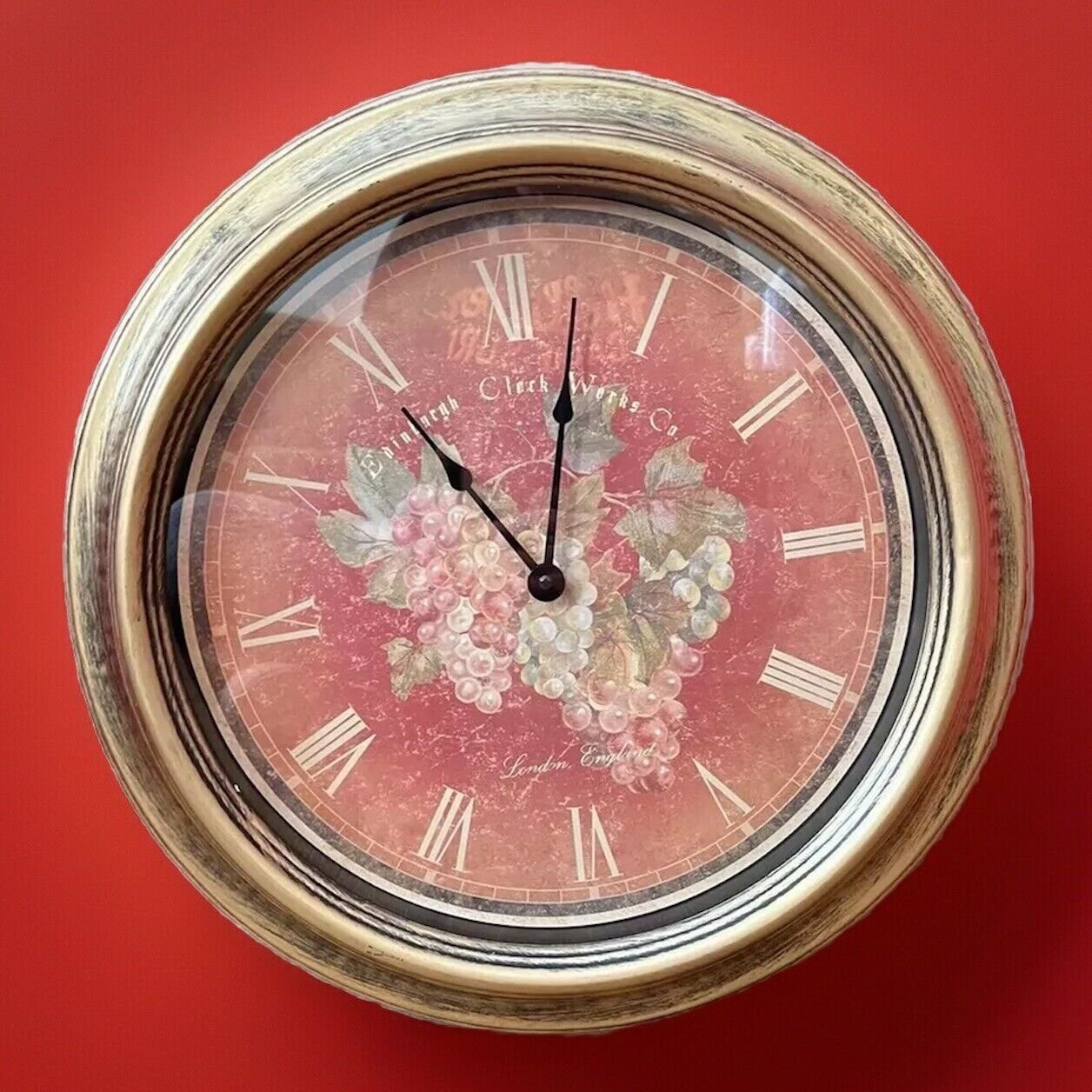 Vintage Edinburgh Quartz Wall Clock Grapes Rose Gold Tone London England 15”