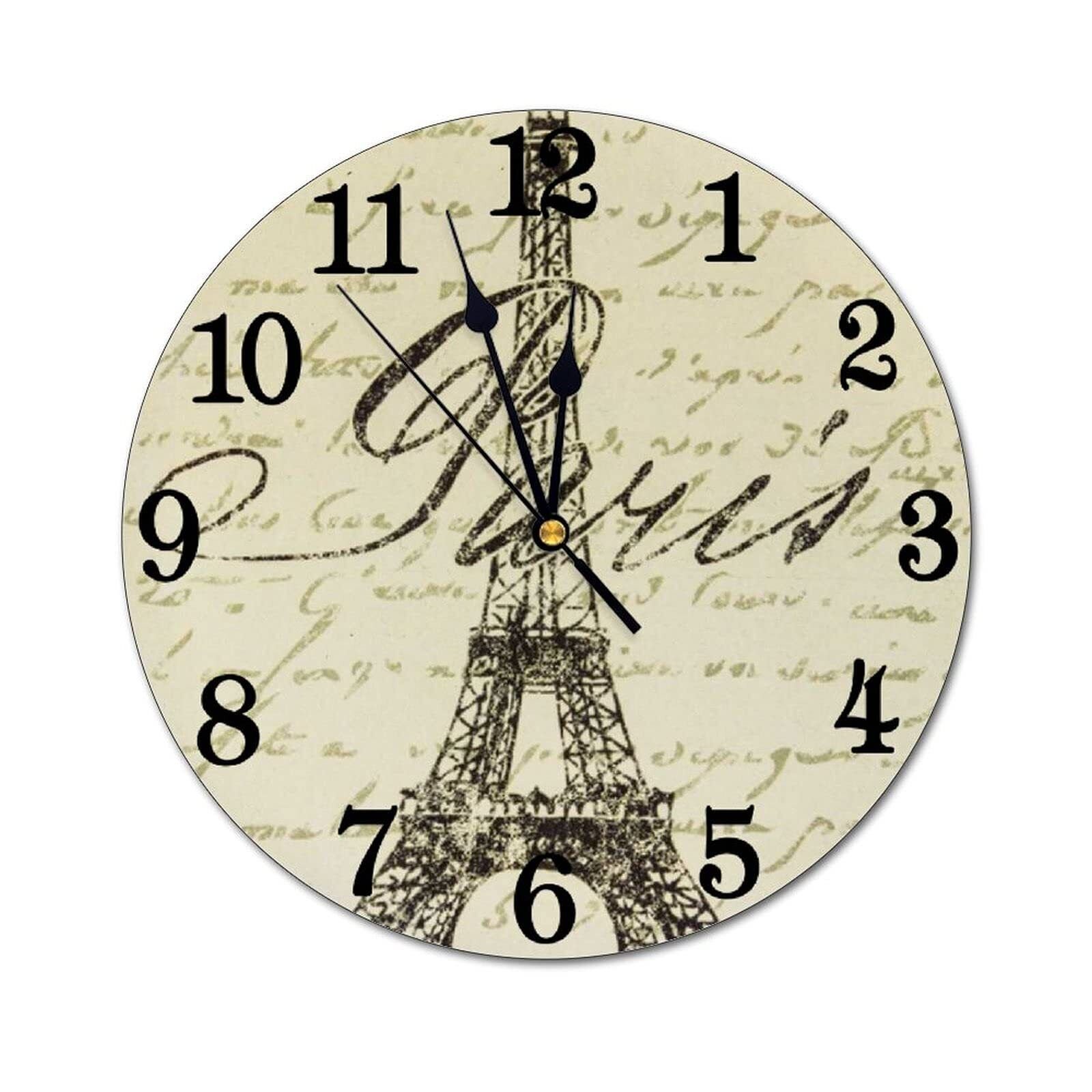 Vintage Eiffel Tower Wall Clock Battery Operated Silent Round Clock Wall Decor
