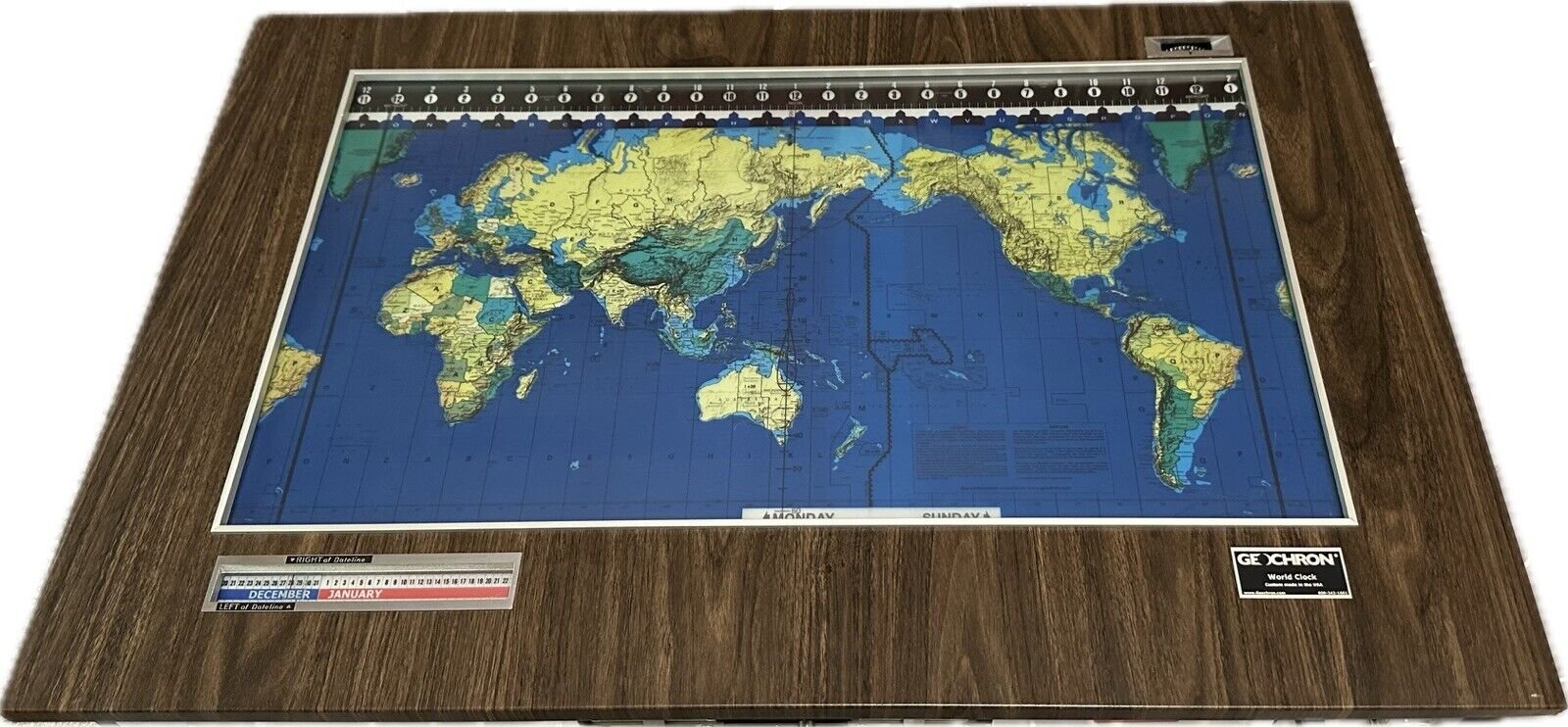 Vintage GEOCHRON by KILBURG LIGHTEDROTATING MAP CLOCK WORLD OAK Boardroom Brown