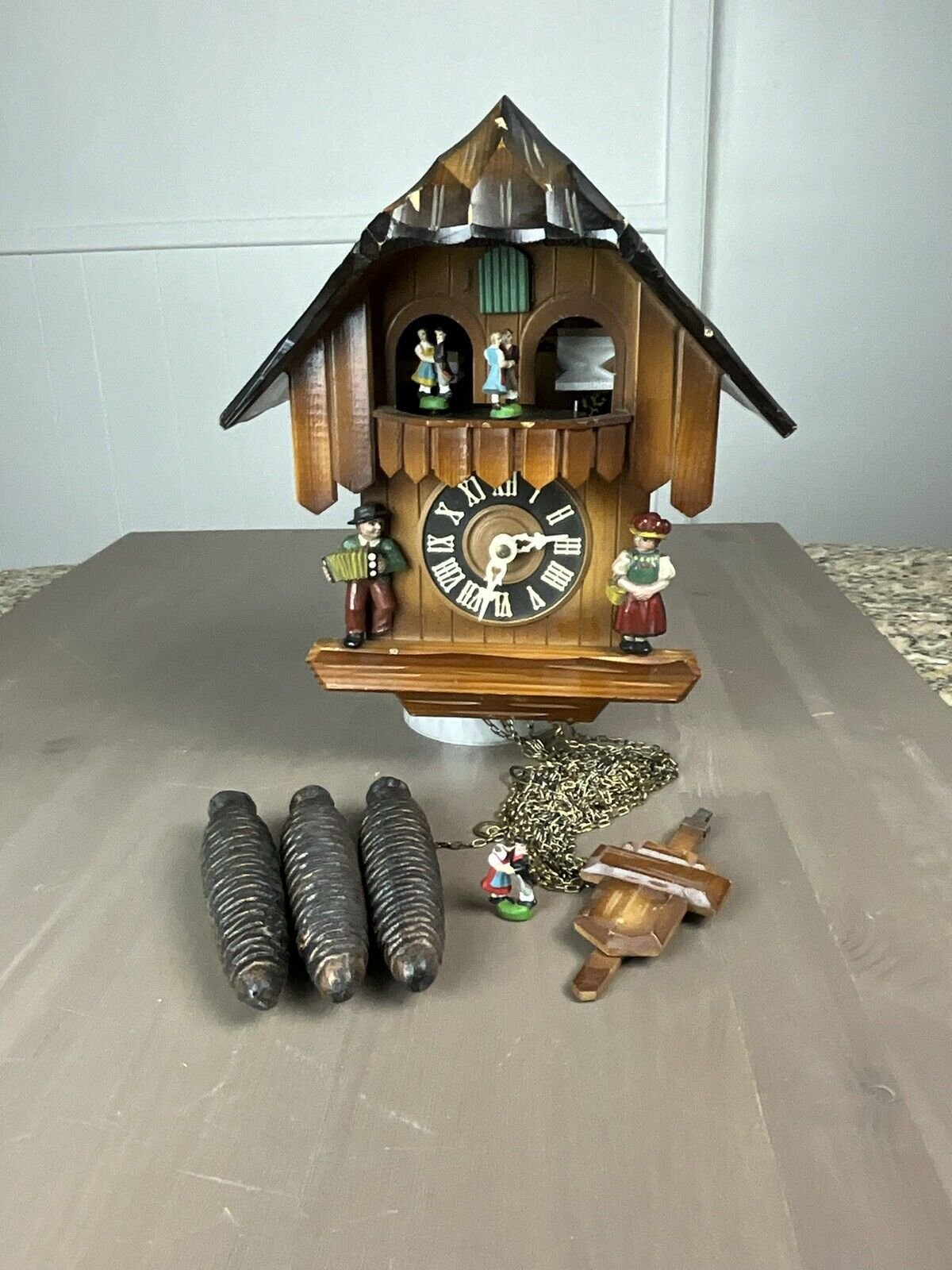 Vintage German Black Forest Musical Dancers Cuckoo Clock w/ Pendulum & Weights P