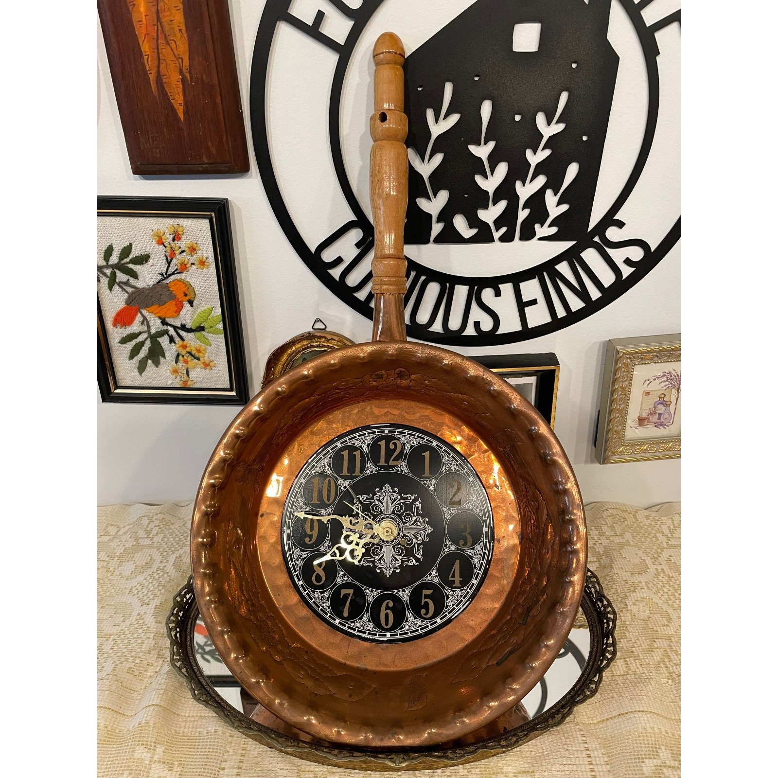 Vintage Hammered Copper Frying Pan Wall Clock Folk Art Battery Op Works E