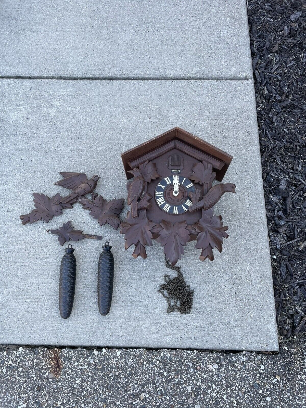 Vintage Heco Hand Carved Cuckoo Clock 8 Day Weight Driven German Black Forest