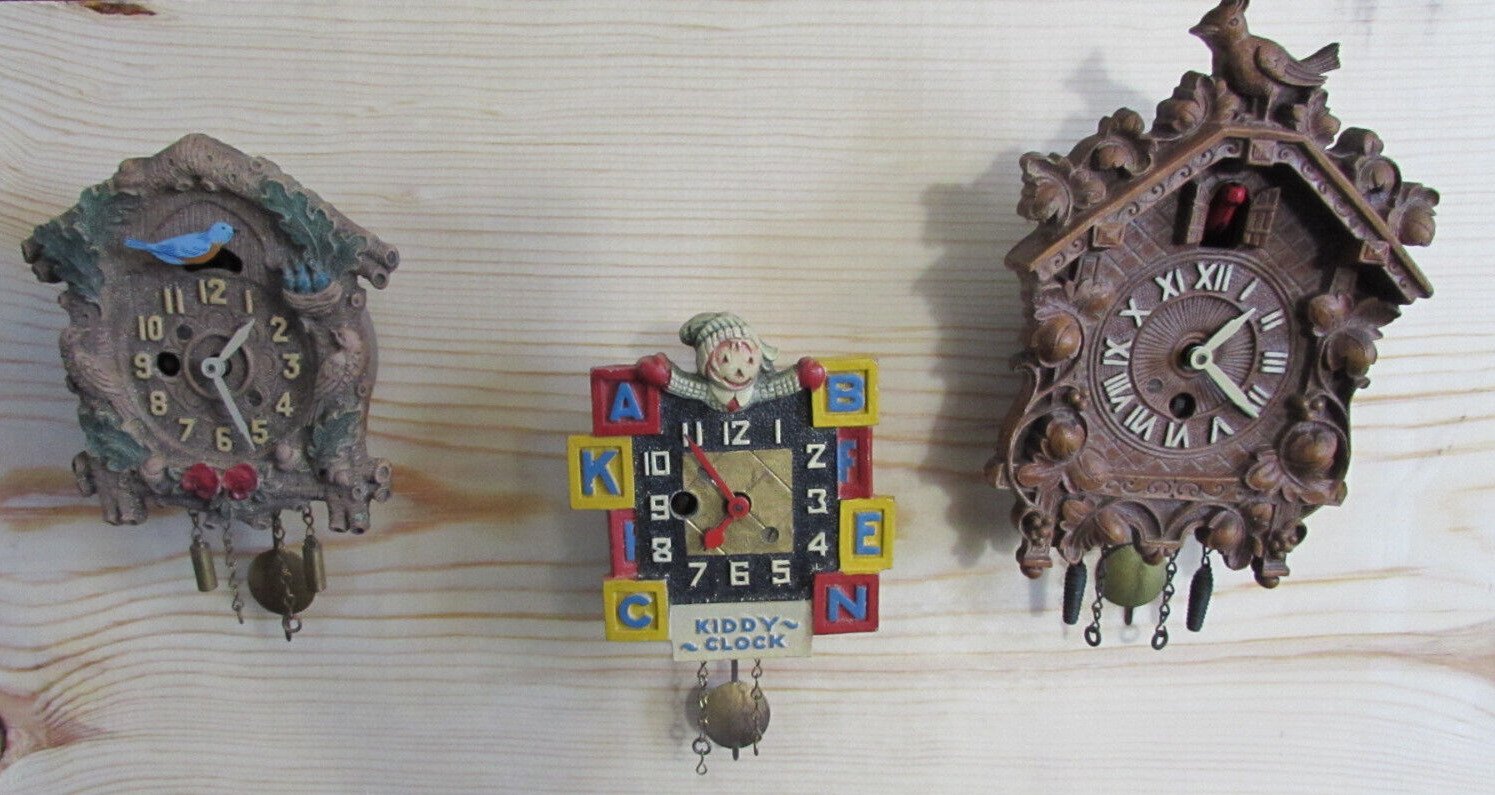 Vintage Lux Clock August C. Keebler Miniature Cuckoo Kiddy Clocks 3 Lot