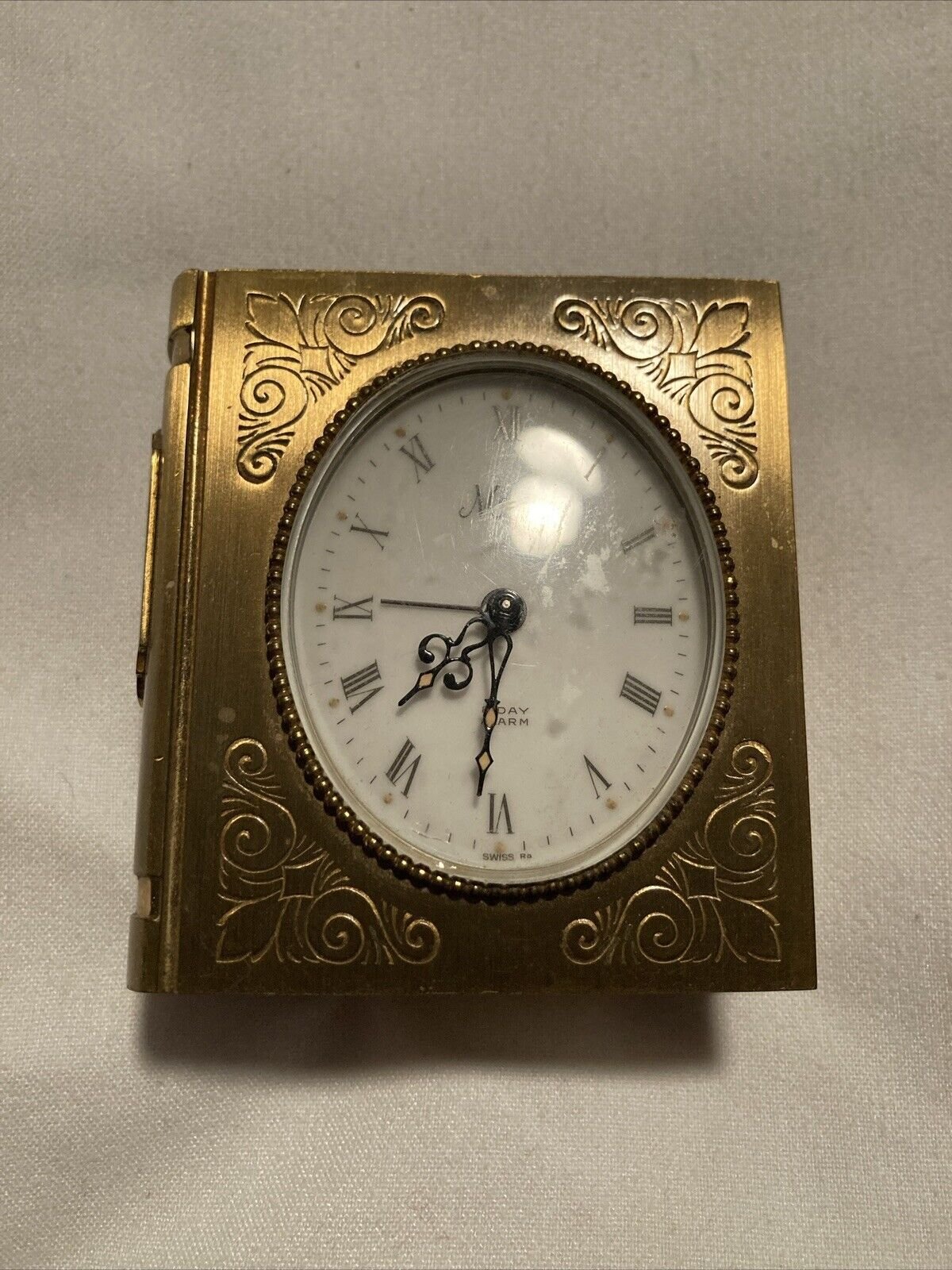 VINTAGE Marcus Swiss Table Alarm Clock Shape Of A Book Brass