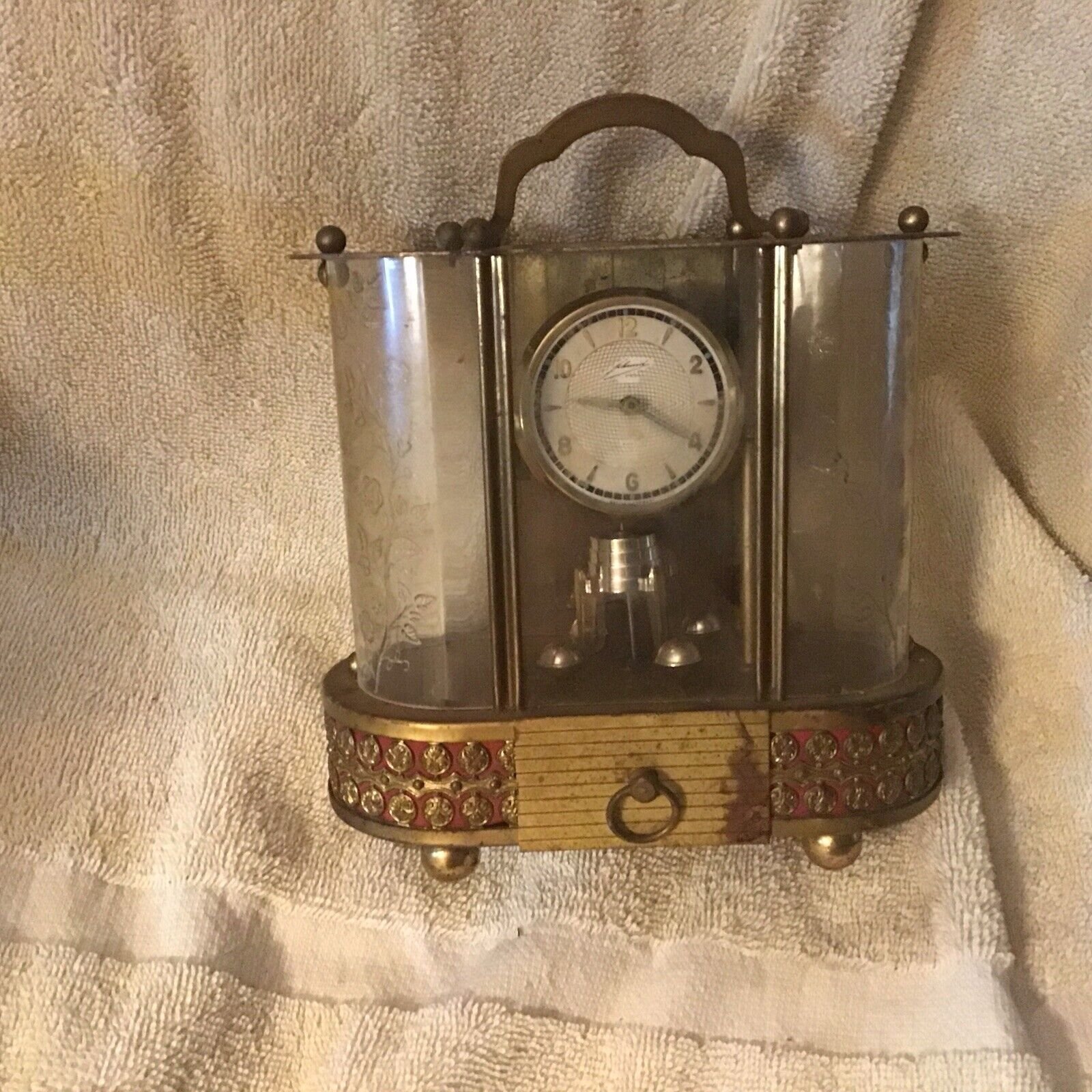 Vintage Music Box "SCHMID" German Mantel Clock Brass Sold as Is Antique Rare