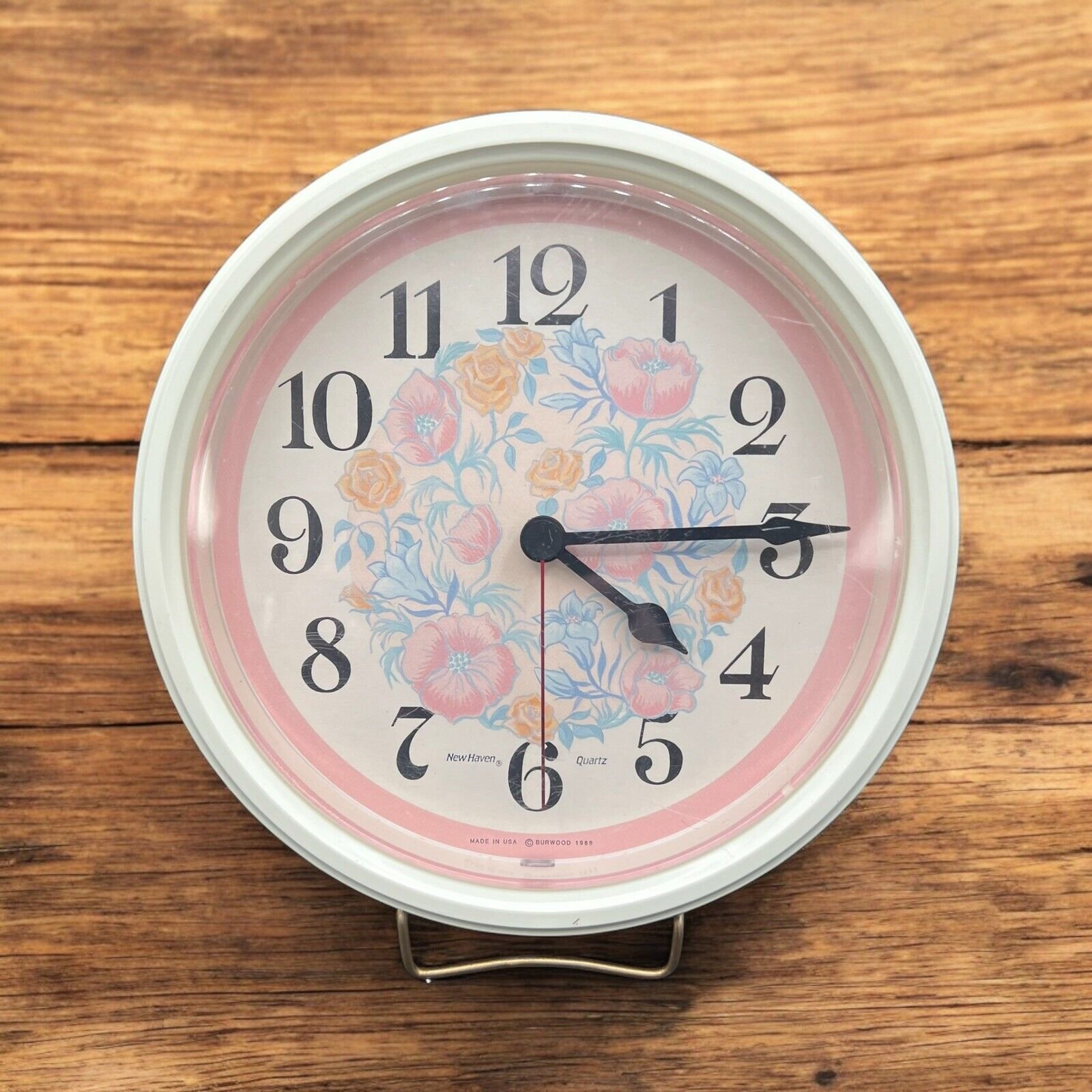 Vintage New Haven Quartz Floral Cottage Wall Clock Made In The USA By Burwood