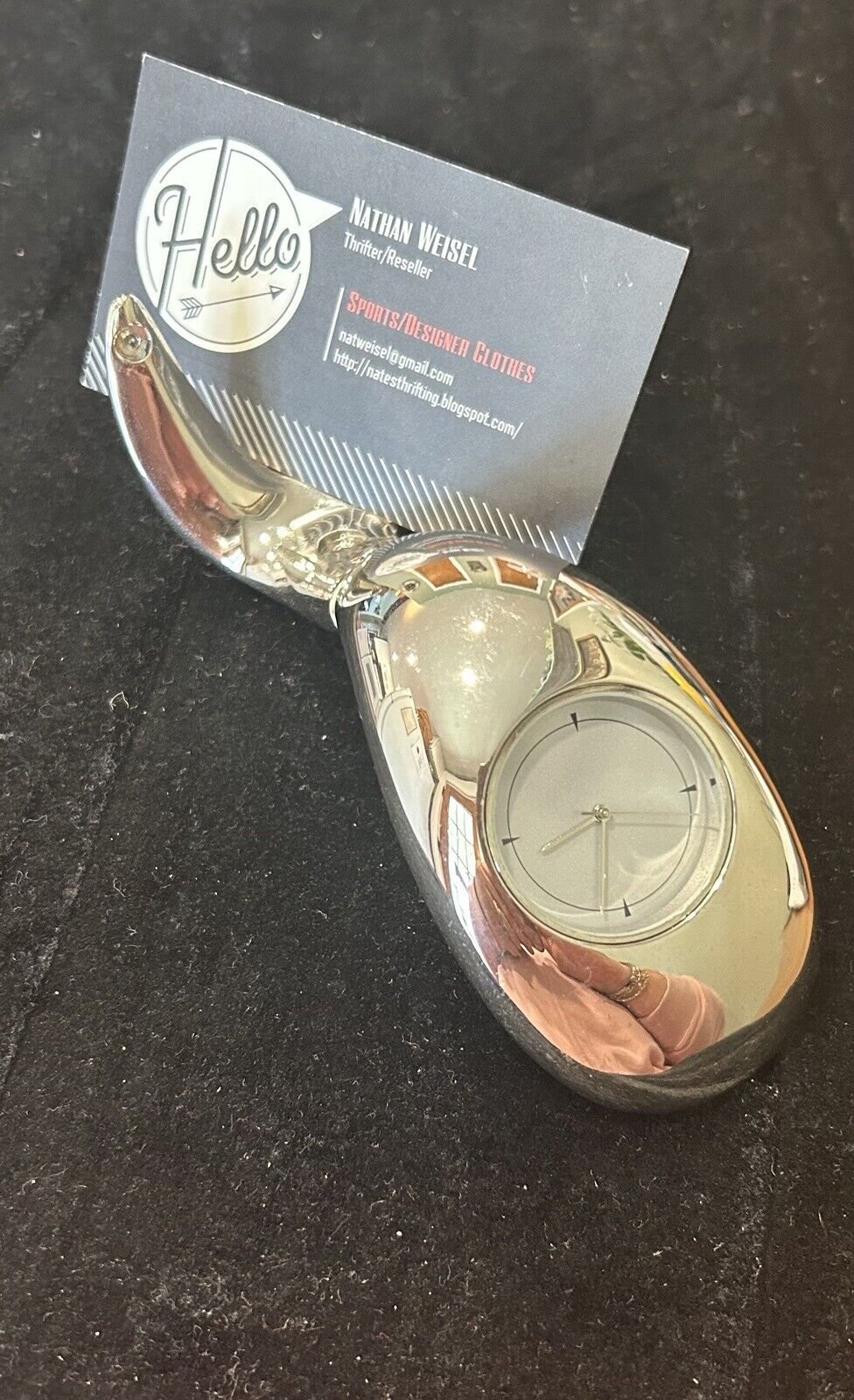 Vintage Promo Shaped Desk Clock/Business Card Holder Silver Retro Look