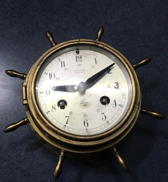 VINTAGE SALEM SHIPS BELL 8 DAY JEWELED WALL CLOCK No Key