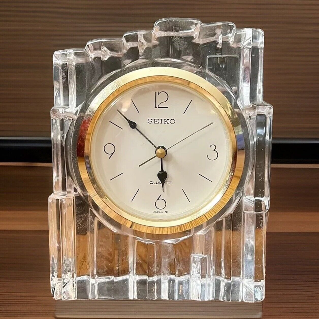 Vintage SEIKO Desk Clock 6” Clear Crystal Glass Quartz #46004 Made In Japan