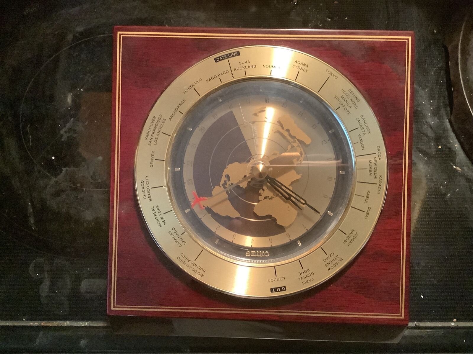 Vintage Seiko Desk World Time Zone Clock QXG325BL Red Airplane Second Hand Testd